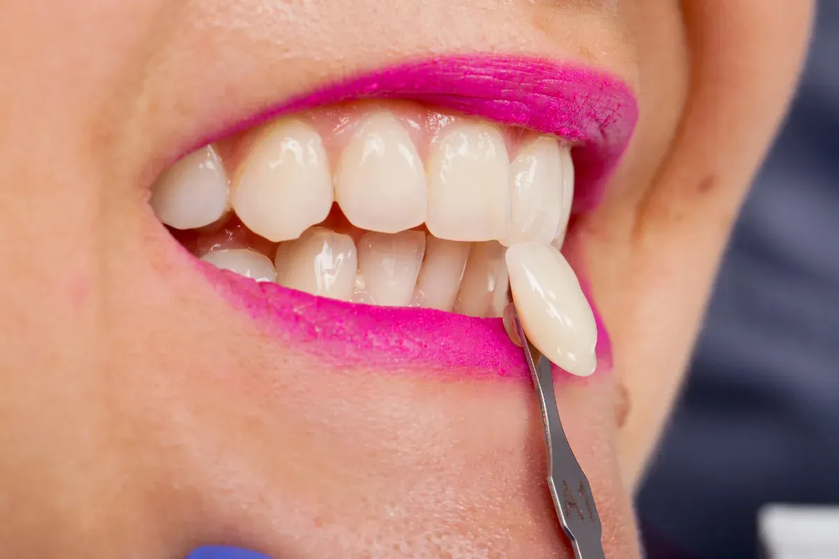 Dentista comparando el color de un diente con una guía de color